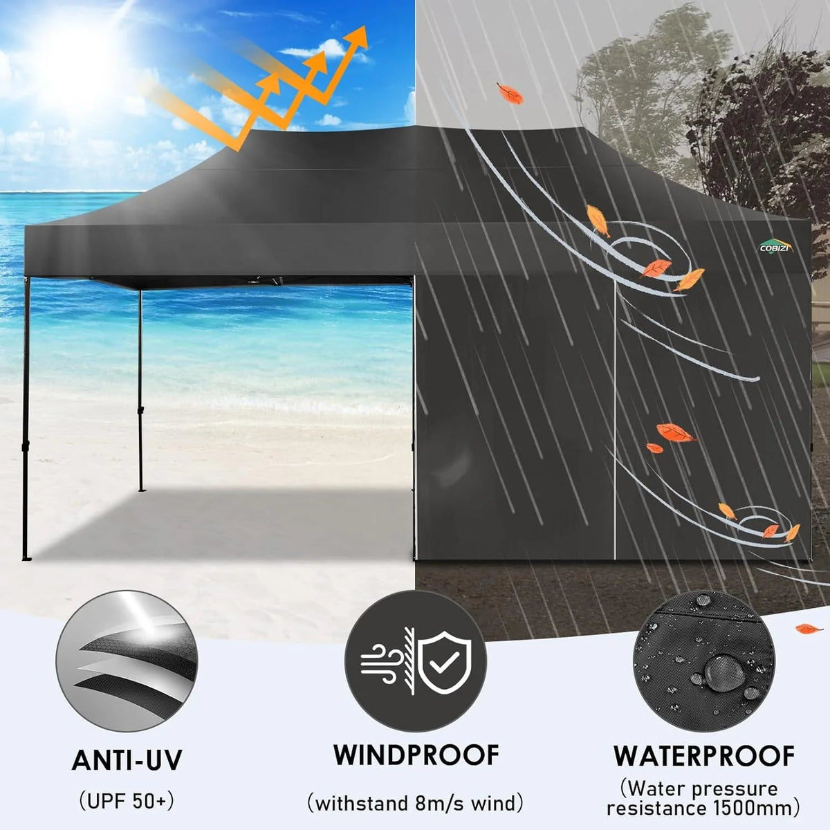 COBIZI 10x20 Heavy Duty Pop-Up Canopy Tent With 6 Sidewalls - Black