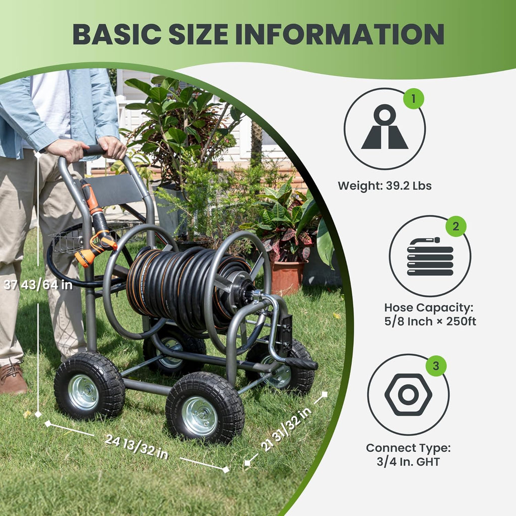 Giraffe Tools Heavy Duty Garden Hose Reel Cart With Wheels - 250-Feet 5/8-Inch Hose Capacity