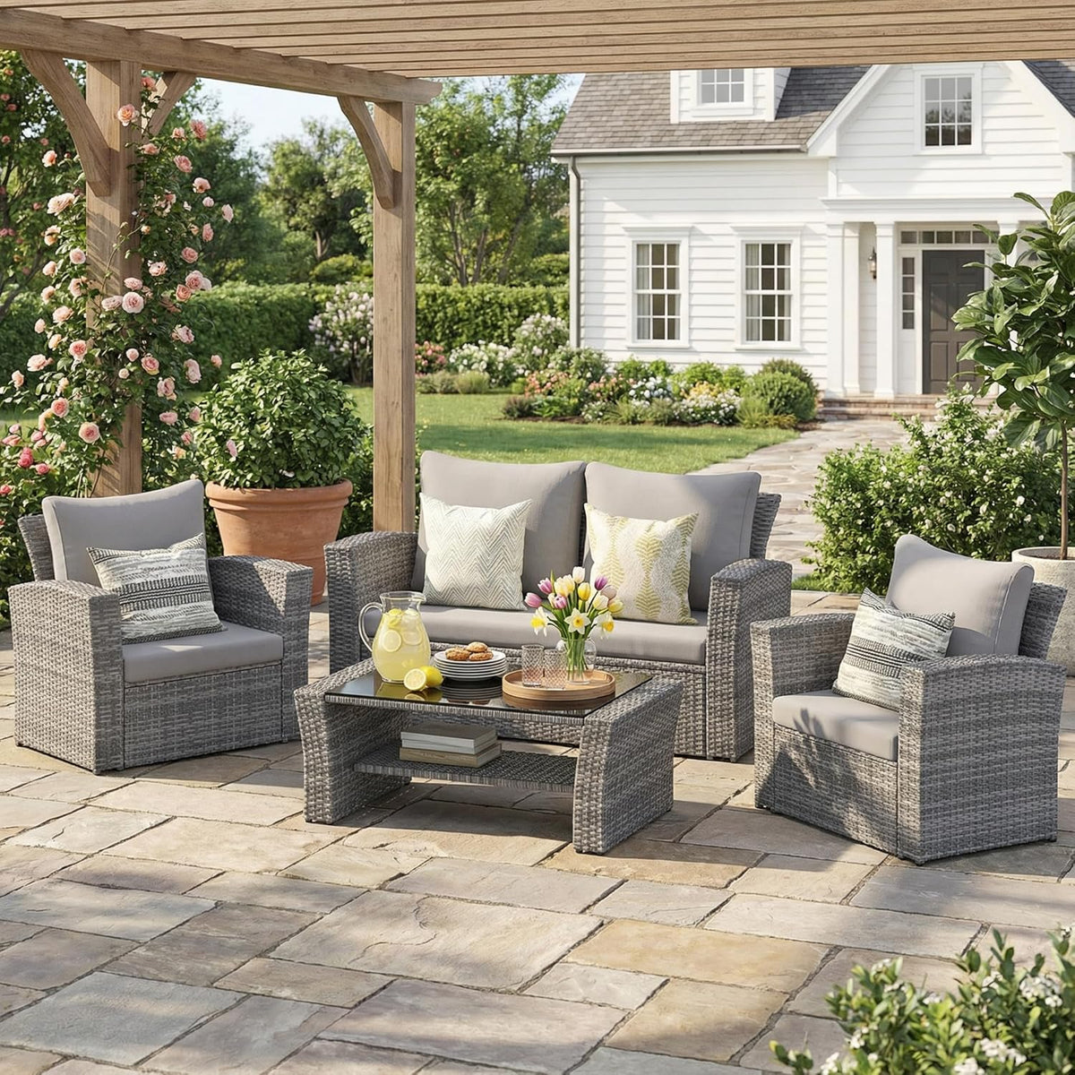 Wisteria Lane 4-Piece Wicker Patio Conversation Set With Cushions And Glass Table - Ash Gray