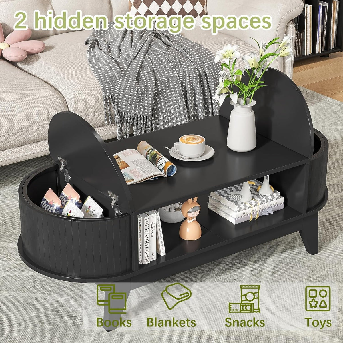 Fluted Oval Coffee Table With Storage, 46.45 x 19.68 x 15.94 in