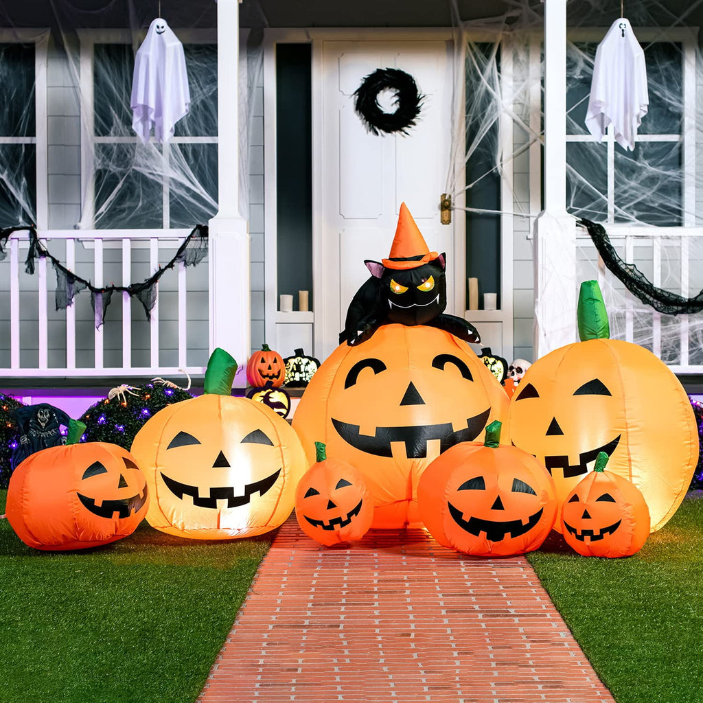 Joyfy 7 ft Halloween Inflatable Long Pumpkin with Witch's Cat Decorations Inflatables with Build-in LEDs, Halloween Decor Outdoor Blow Up Yard Decorations