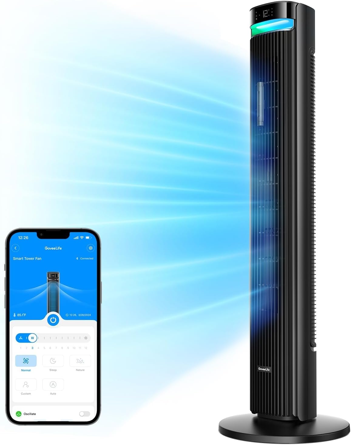GoveeLife 42in Smart Tower Fan, 12 Speeds, 5 Modes, Black