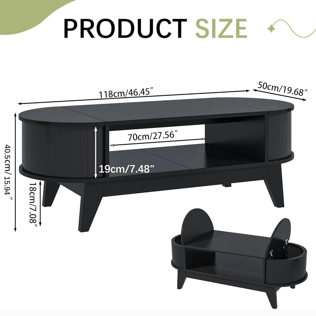Fluted Oval Coffee Table With Storage, 46.45 x 19.68 x 15.94 in