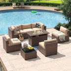 Aoxun 8 Piece Patio Sectional Sofa Set With 44in Fire Pit Table, Coffee Table And Beige Cushions