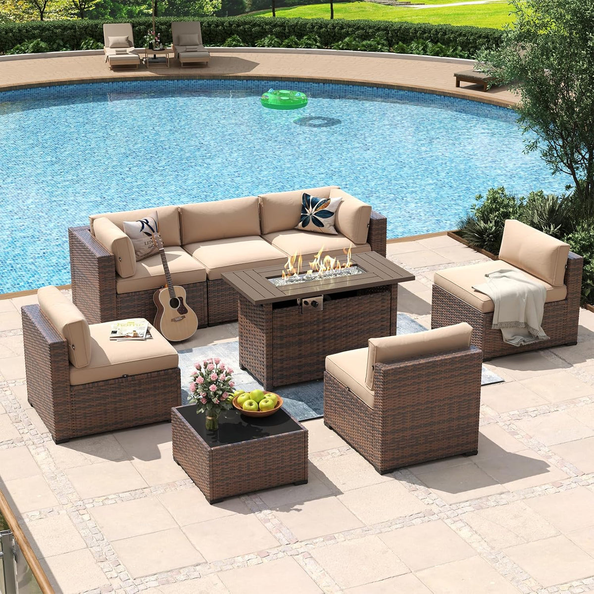Aoxun 8 Piece Patio Sectional Sofa Set With 44in Fire Pit Table, Coffee Table And Beige Cushions