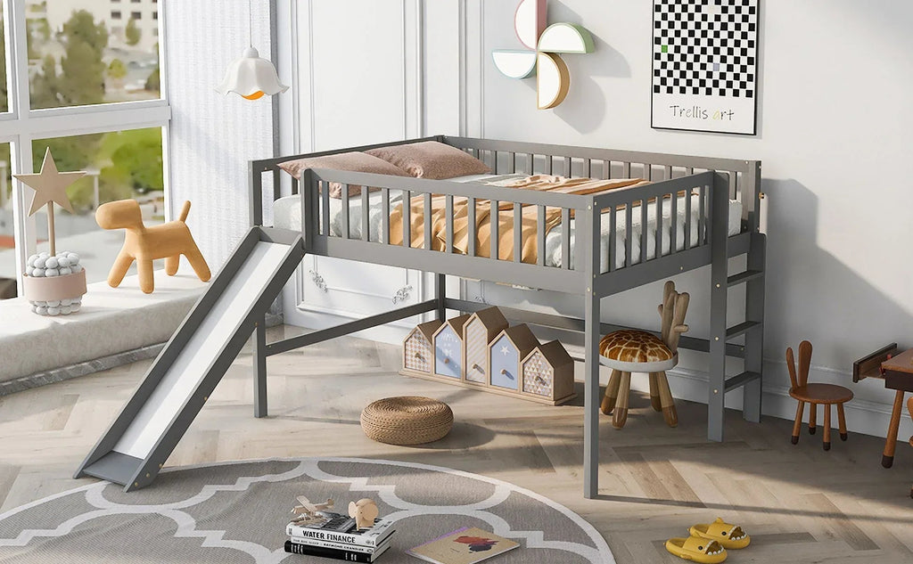 Gray Full Size Low Loft Bed With Ladder And Slide