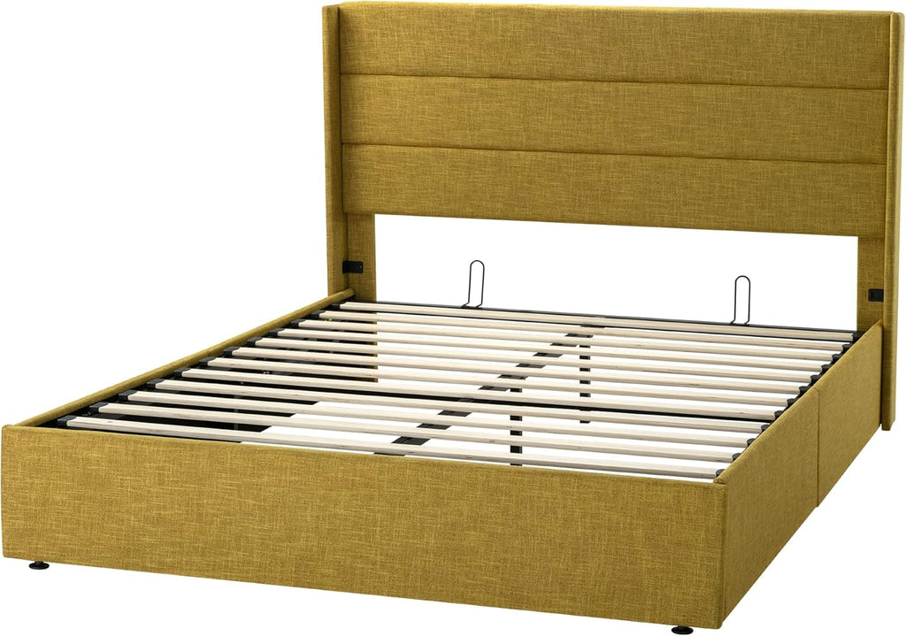 Allewie Queen Lift Up Storage Bed Frame With Wingback Headboard, Light Beige - 80.7 x 60.6 x 44.5 in