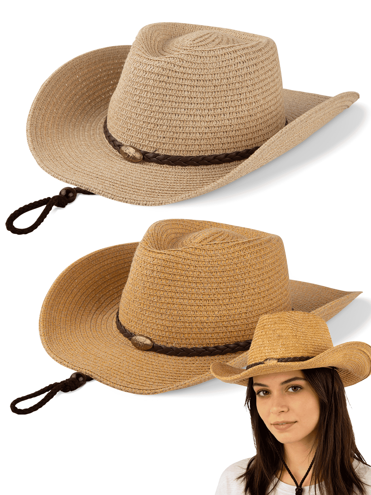 COOPLUS Straw Cowboy Hat for Women Western Cowgirl Adjustable Chin Strap Hats for Summer