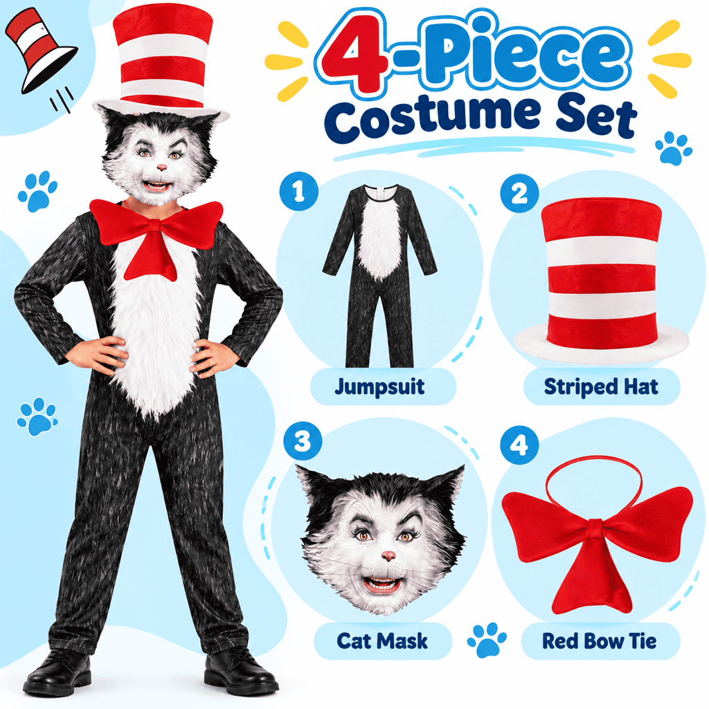 4-Piece Cat Halloween Cosplay Costume for Kids, Scary Cat Jumpsuit Set with Mask, Striped Hat & Bow Tie for Boys & Girls, Ages 11-12