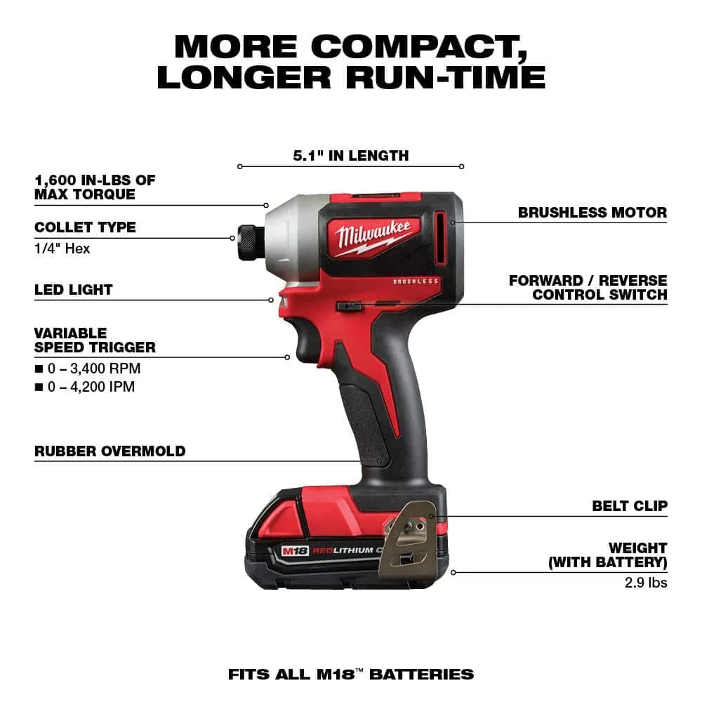 Milwaukee M18 18V Lithium-Ion Brushless Compact Drill/Impact Combo Kit, 2-Tool - 2892-22CT