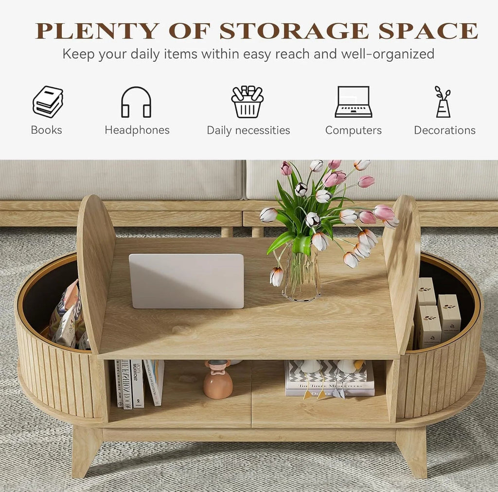 Fluted Oval Coffee Table With Storage, 46.45 x 19.68 x 15.94 in