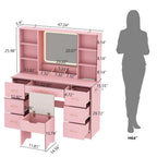 ChVans 47in Vanity Desk Set With LED Lighted Mirror, 7 Drawers, 6 Shelves, Cushioned Storage Stool - Black