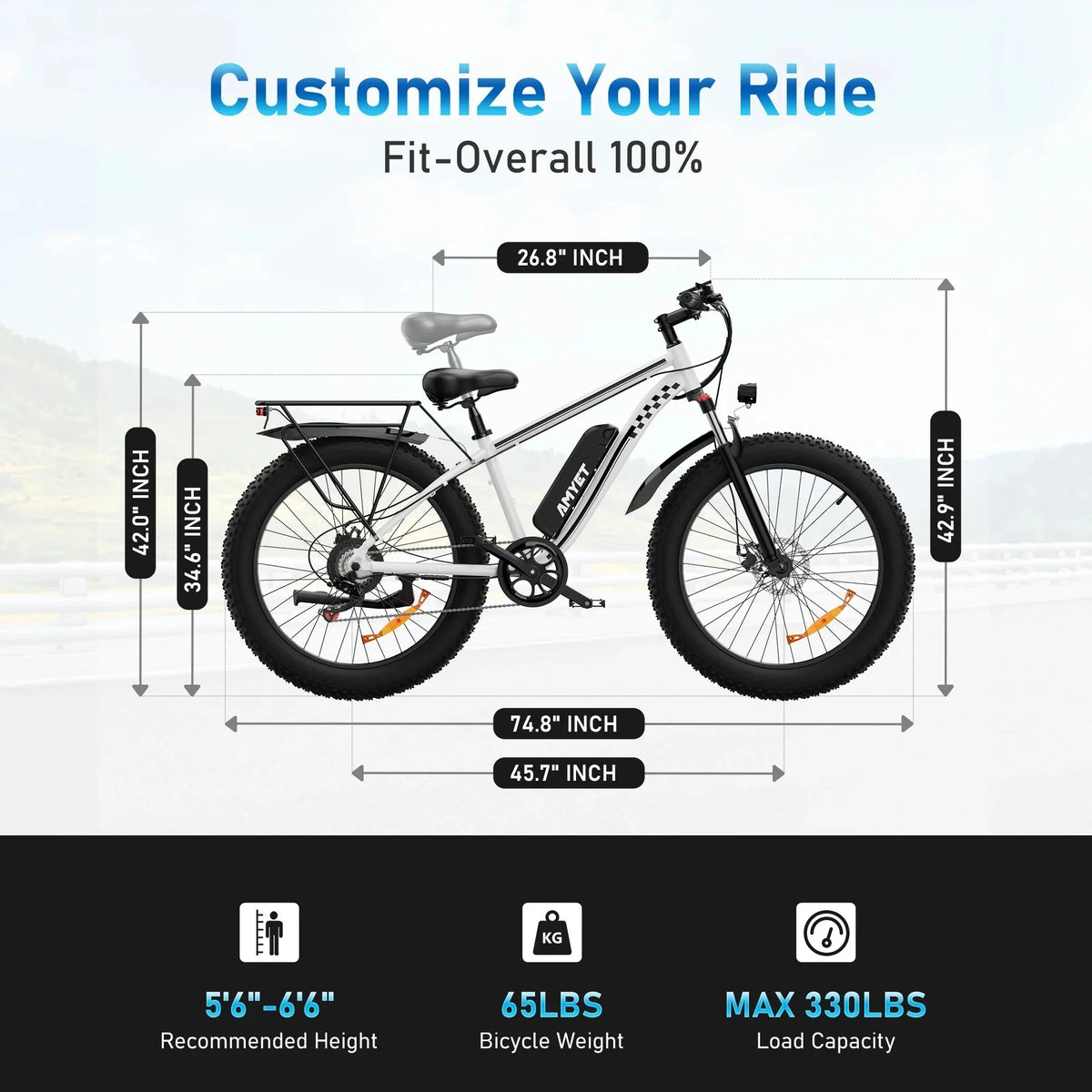 AMYET 26 x 4 Fat Tire Electric Mountain Bike, 48V 15Ah, 7-Speed - EB26