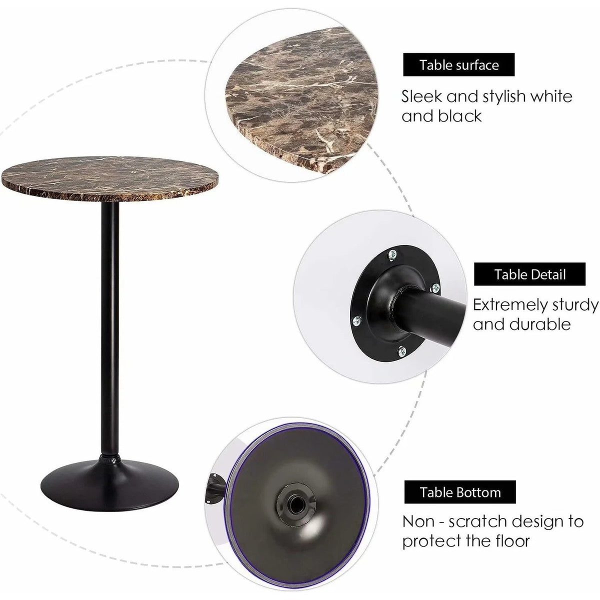 Round Bar-Height Bistro Pub Table With Metal Base And MDF Top, 23.8 x 23.8 x 39.5 Inch