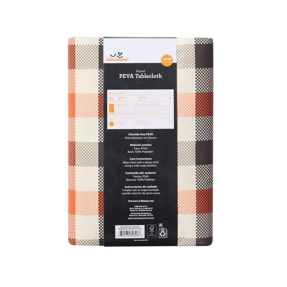 Way To Celebrate Halloween PEVA Tablecloth Indoor & Outdoor Table 70" Round - Buffalo Plaid