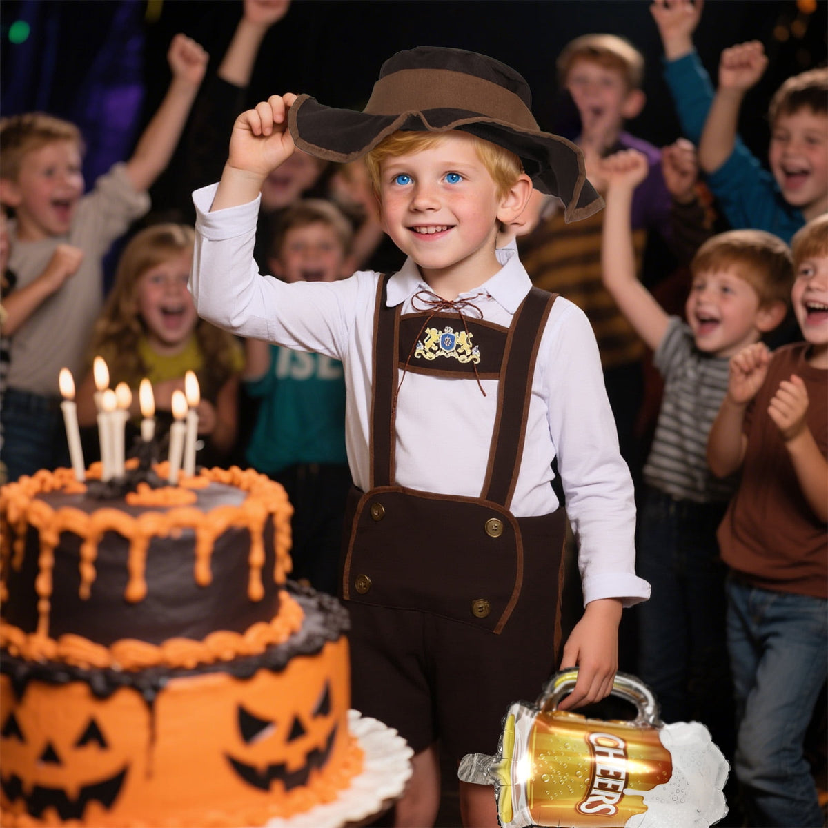 4 Piece Boys Oktoberfest Bavarian Costume Lederhosen Outfit with Hat & Beer Balloon for Traditional Halloween Party Cosplay