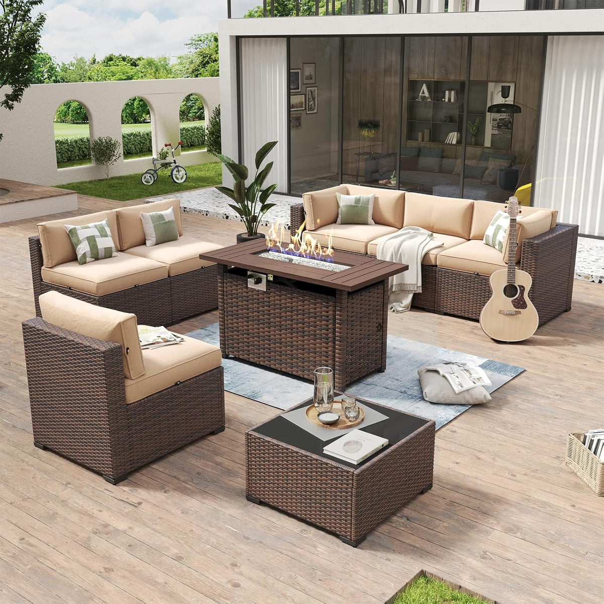 Aoxun 8 Piece Patio Sectional Sofa Set With 44in Fire Pit Table, Coffee Table And Beige Cushions