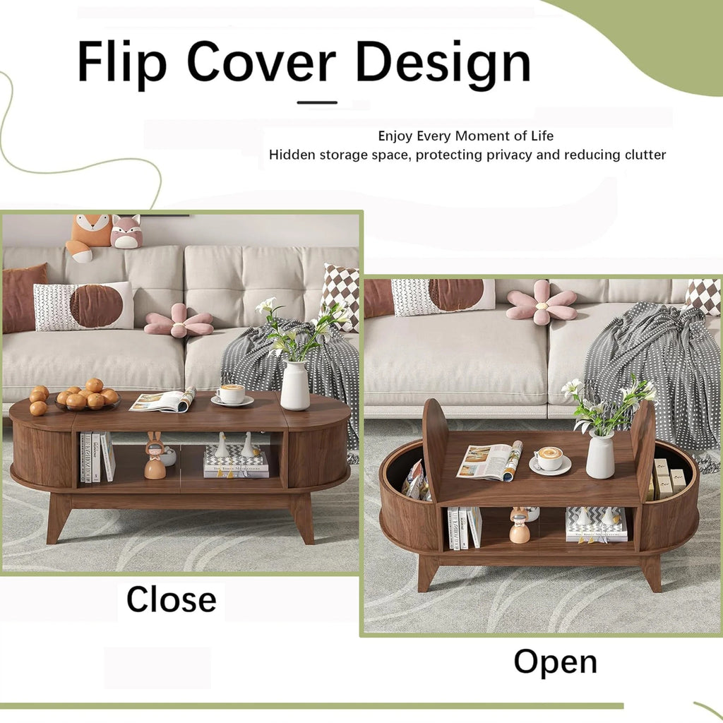 Fluted Oval Coffee Table With Storage, 46.45 x 19.68 x 15.94 in