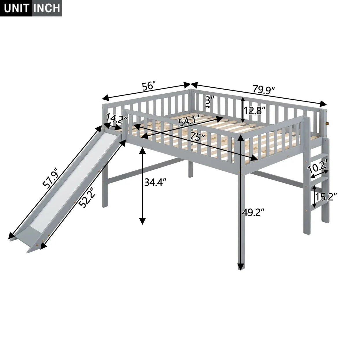 Gray Full Size Low Loft Bed With Ladder And Slide
