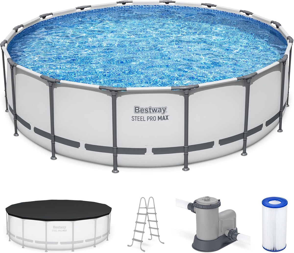 Steel Pro MAX 14 Foot x 48 Inch Round Steel Frame Above Ground Pool Set With 1,000 Filter Pump, Ladder And Cover - Gray