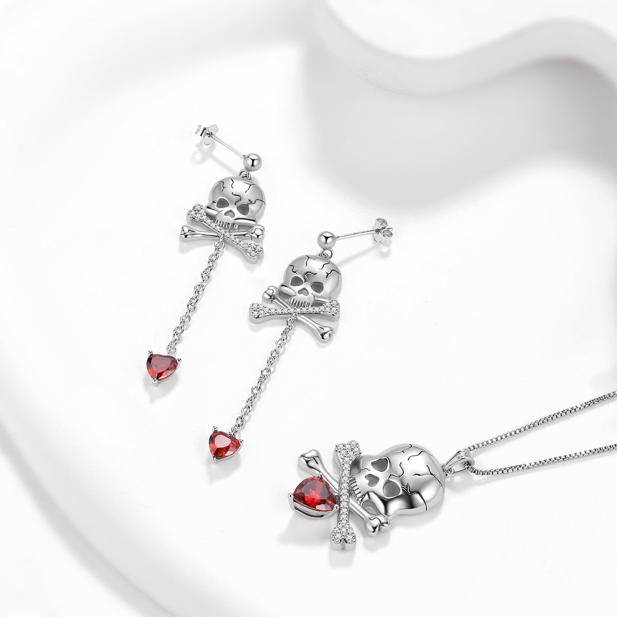 Beautlace 925 Sterling Silver Skull Jewelry Set, Halloween Skeleton Skull Pendant Necklace/Drop Dangle Earrings Gothic Vintage Skull Jewelry Set for Women