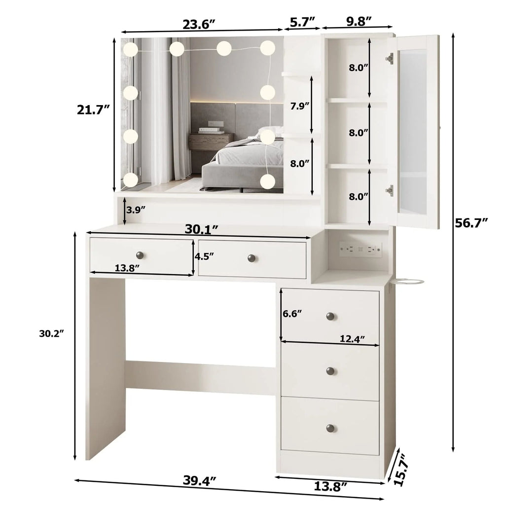 VEANERWOOD Makeup Vanity Desk With Lighted Mirror, Power Strip, 5 Drawers, White - 39.4in x 15.7in x 56.7in