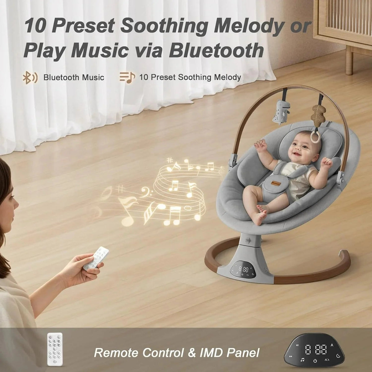 Monamii Bluetooth Infant Swing With Music Speaker, 5 Speeds And Remote Control