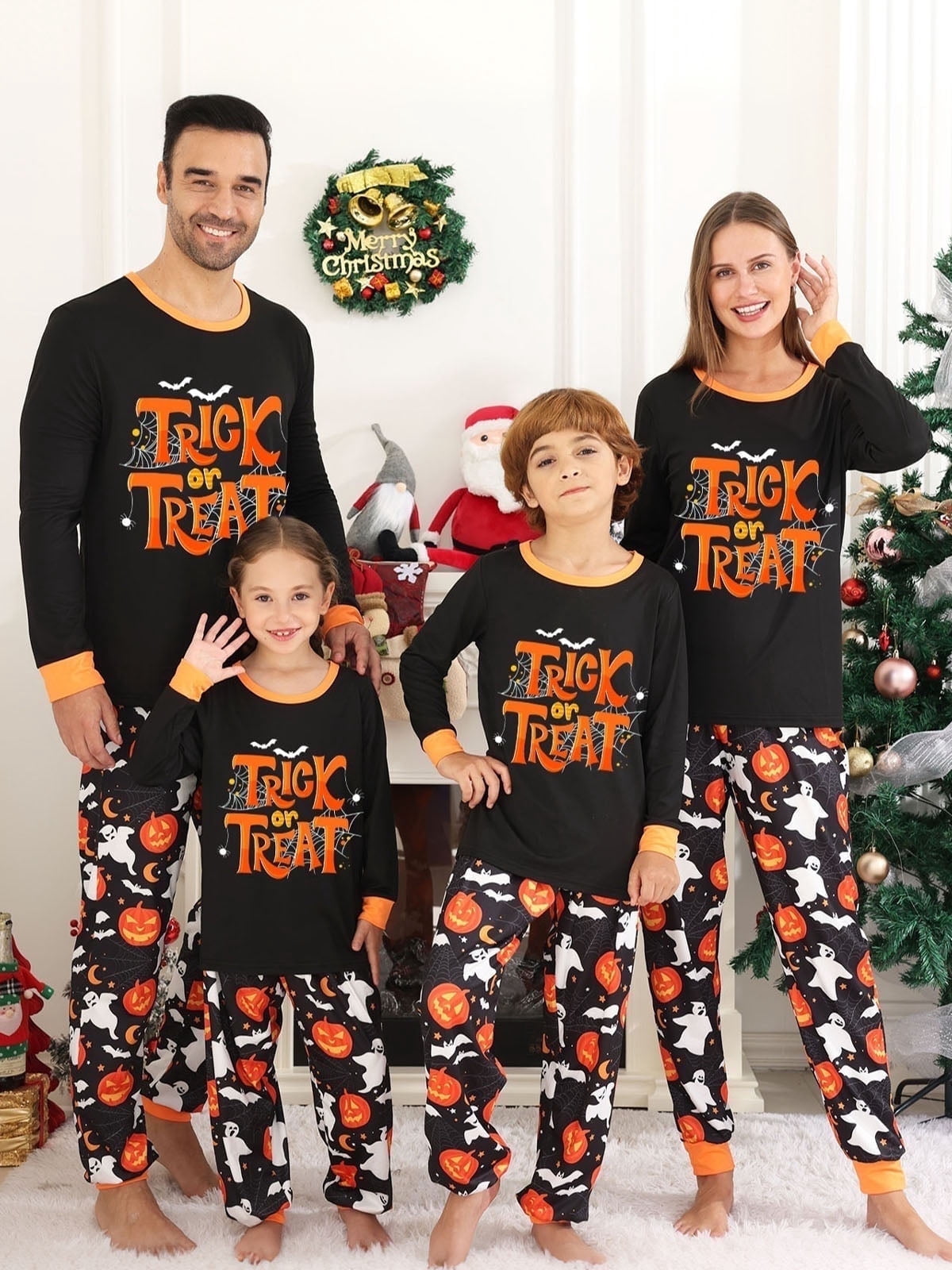 DAKIMOE Halloween Pajamas Family Matching Set Holiday Print Long Sleeve Jammies Loungewear PJs Set Sleepwear Adult Kids Men Women Toddler
