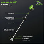 Greenworks Cordless Edger 60V 8 in Brushless With 2.0 Ah Battery And Charger