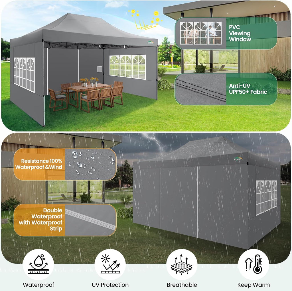 COBIZI 10x20 Heavy Duty Pop-Up Canopy Tent With 6 Sidewalls - Black