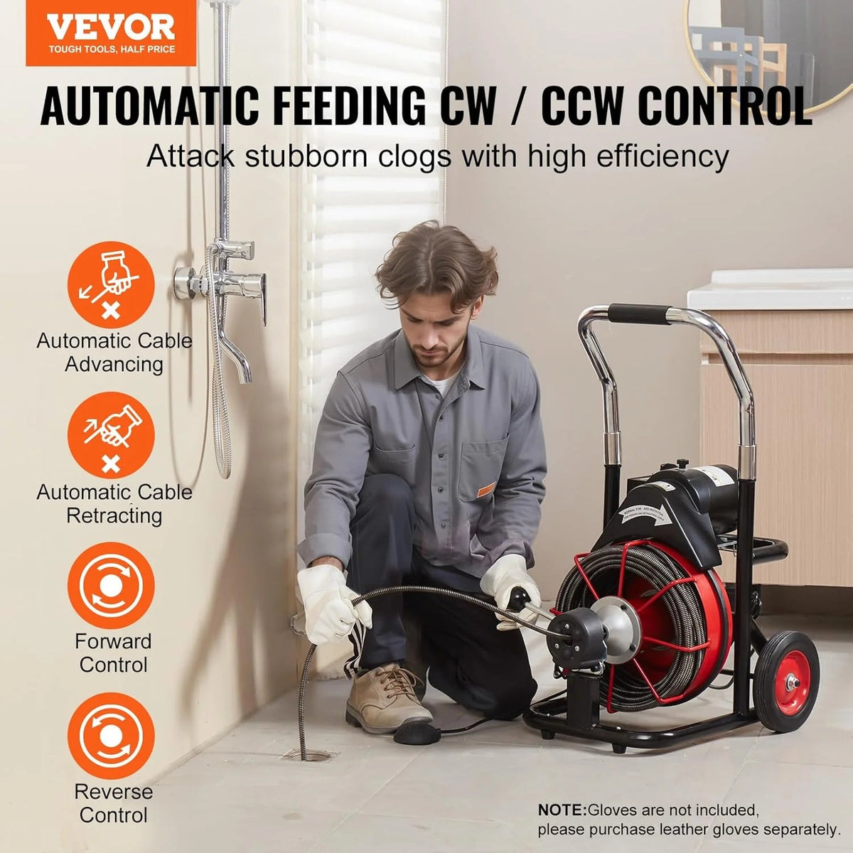 VEVOR Drain Cleaner Machine 100FT x 1/2 Inch, 550W, 8 Cutters, Red + Black