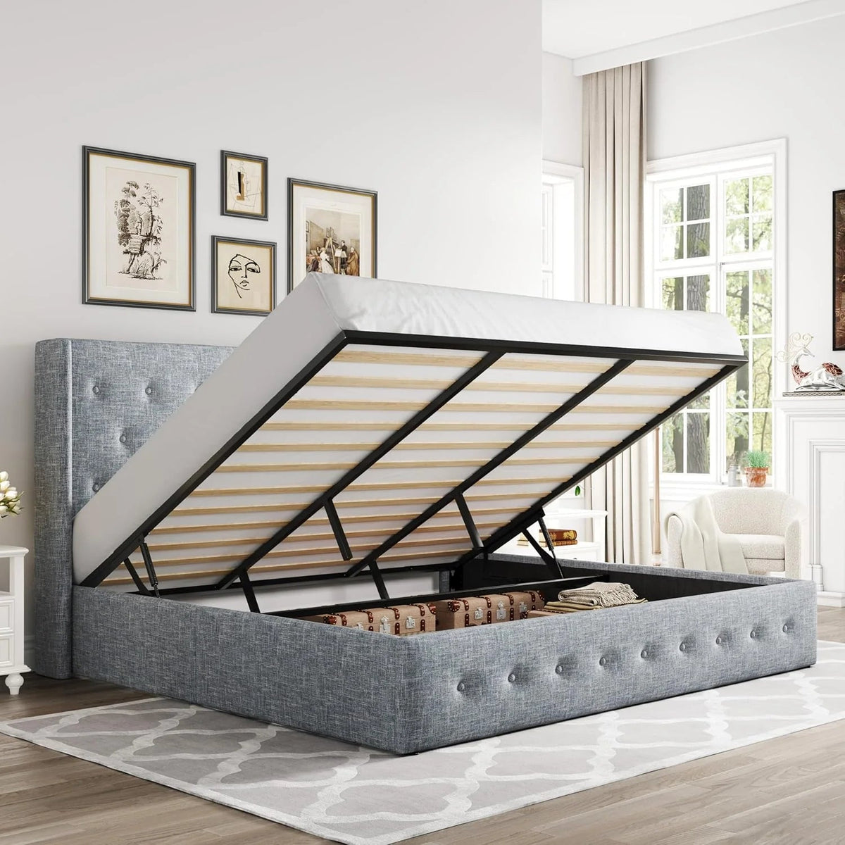 Allewie Queen Lift Up Storage Bed Frame With Wingback Headboard, Light Beige - 80.7 x 60.6 x 44.5 in