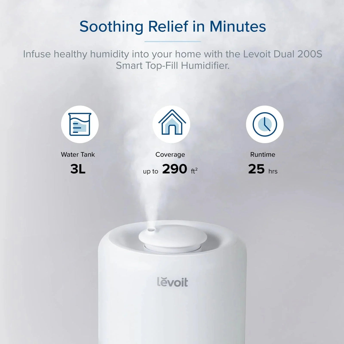 Levoit Smart Cool Mist Top-Fill Humidifier, 3 Liter, White - Dual 200S