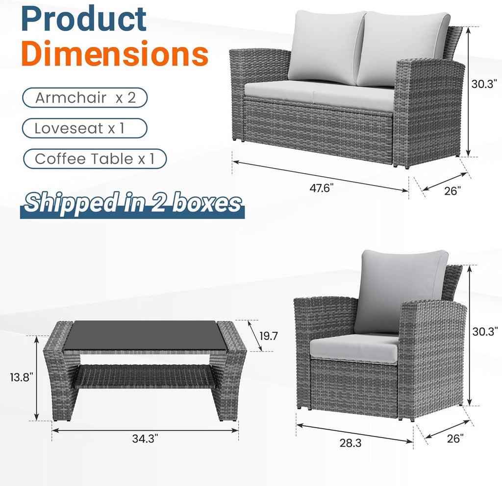 Wisteria Lane 4-Piece Wicker Patio Conversation Set With Cushions And Glass Table - Ash Gray