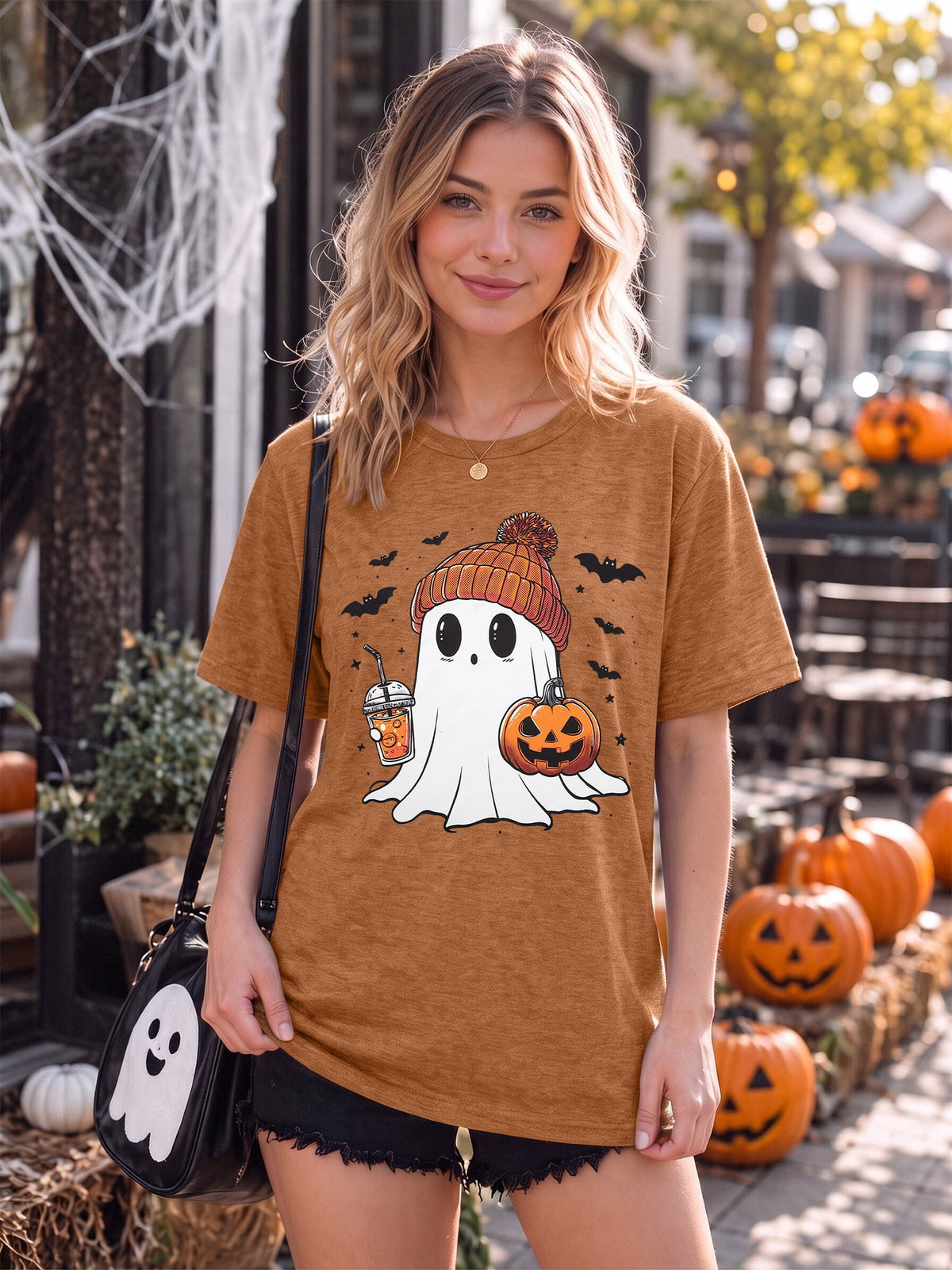 KimSoong Women Halloween T-Shirt Cute Ghost Fall Pumpkin Graphic Shirt Coffee Lover Tees Short Sleeve Tops