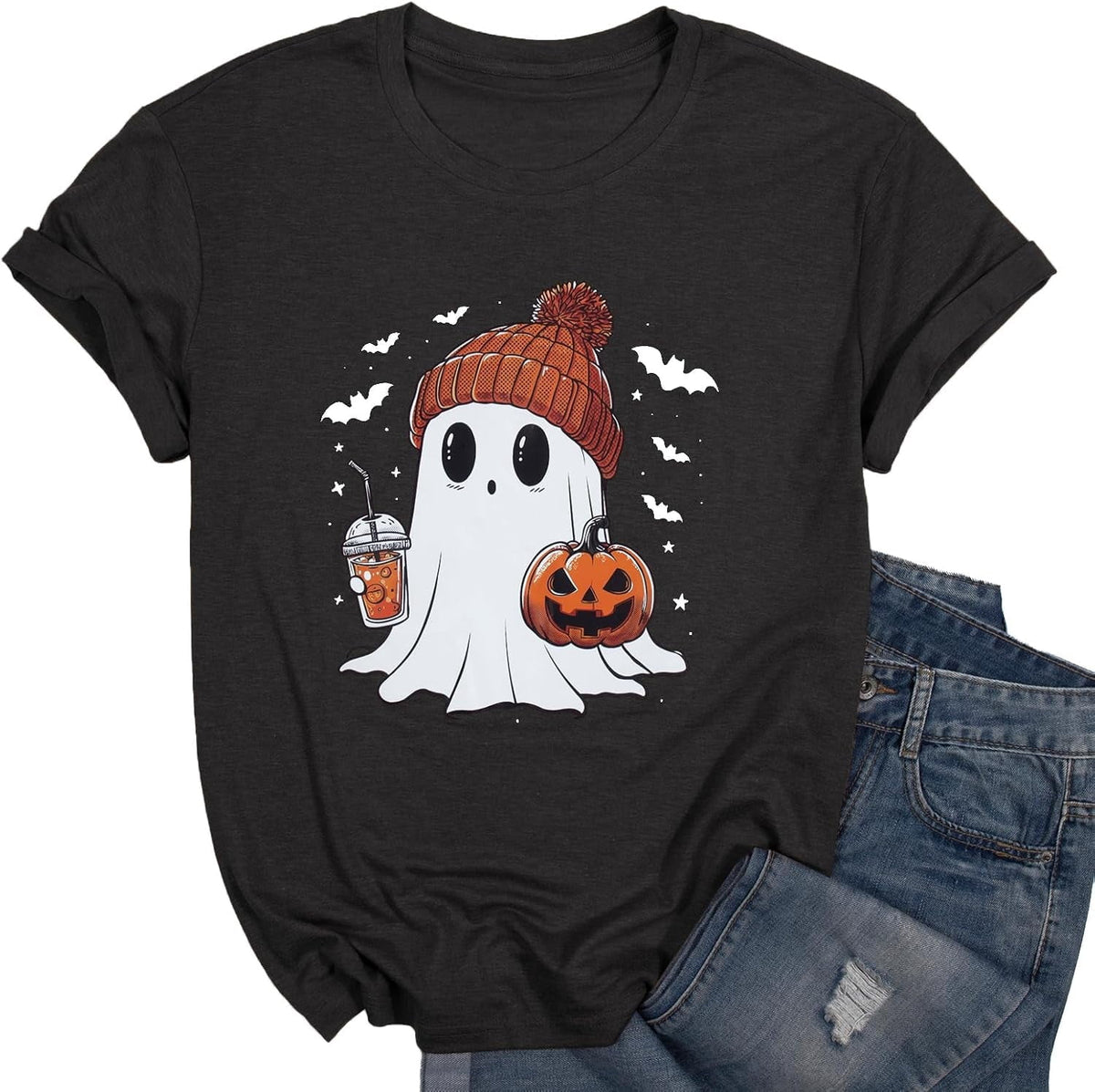 KimSoong Women Halloween T-Shirt Cute Ghost Fall Pumpkin Graphic Shirt Coffee Lover Tees Short Sleeve Tops