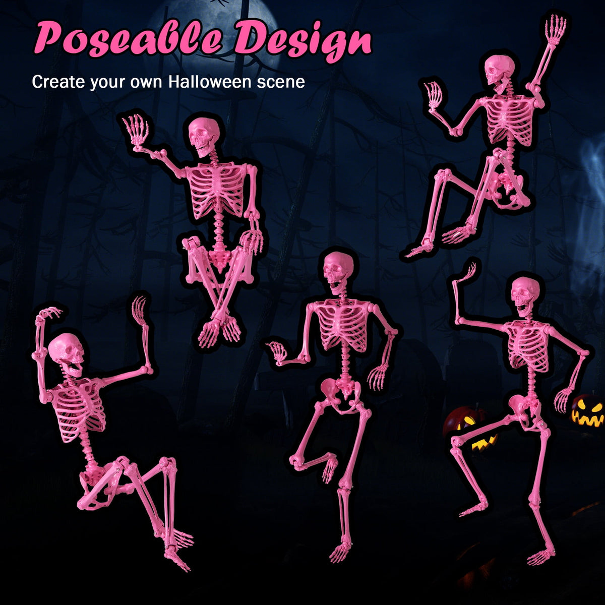 Costway 5.5 FT Poseable Halloween Skeleton Life-Size Decoration with Movable Joints Pink