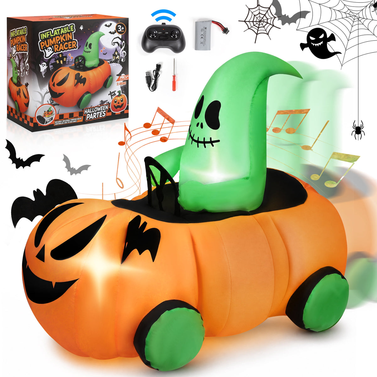 Firstness 2.4GHz Remote Control Car Halloween Inflatable Pumpkin Spider Blow ups Rc Car 360° Rotation, 3 Music and LED Lights, Aged 3+