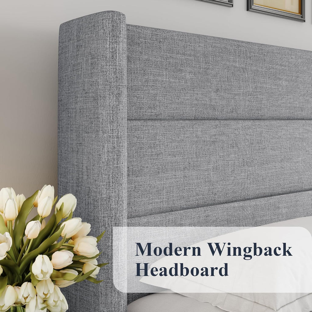 Allewie Queen Lift Up Storage Bed Frame With Wingback Headboard, Light Beige - 80.7 x 60.6 x 44.5 in