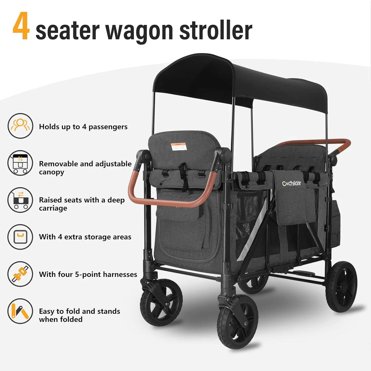 Cochildor 4 Seater All-Terrain Wagon Stroller, 300 lb Capacity, Light Grey - ST4N