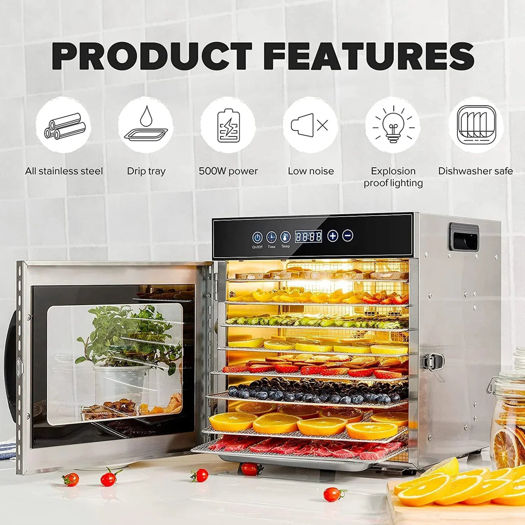 Food Dehydrator, 8 Tiers, 500W Stainless Steel, 30~90C, 24hr Digital Timer