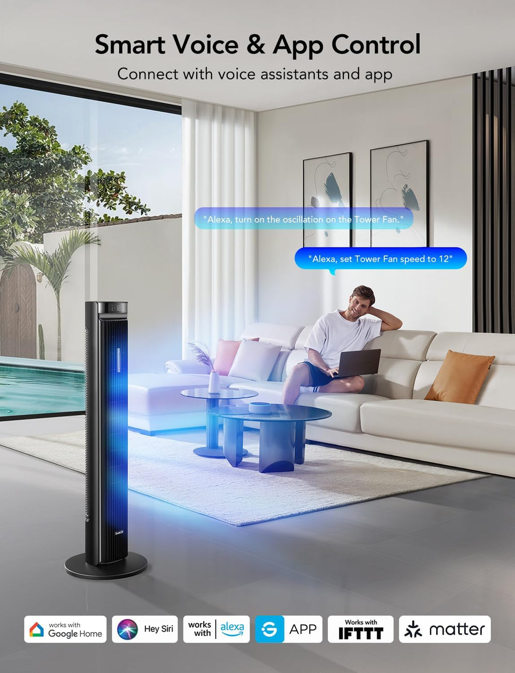GoveeLife 42in Smart Tower Fan, 12 Speeds, 5 Modes, Black
