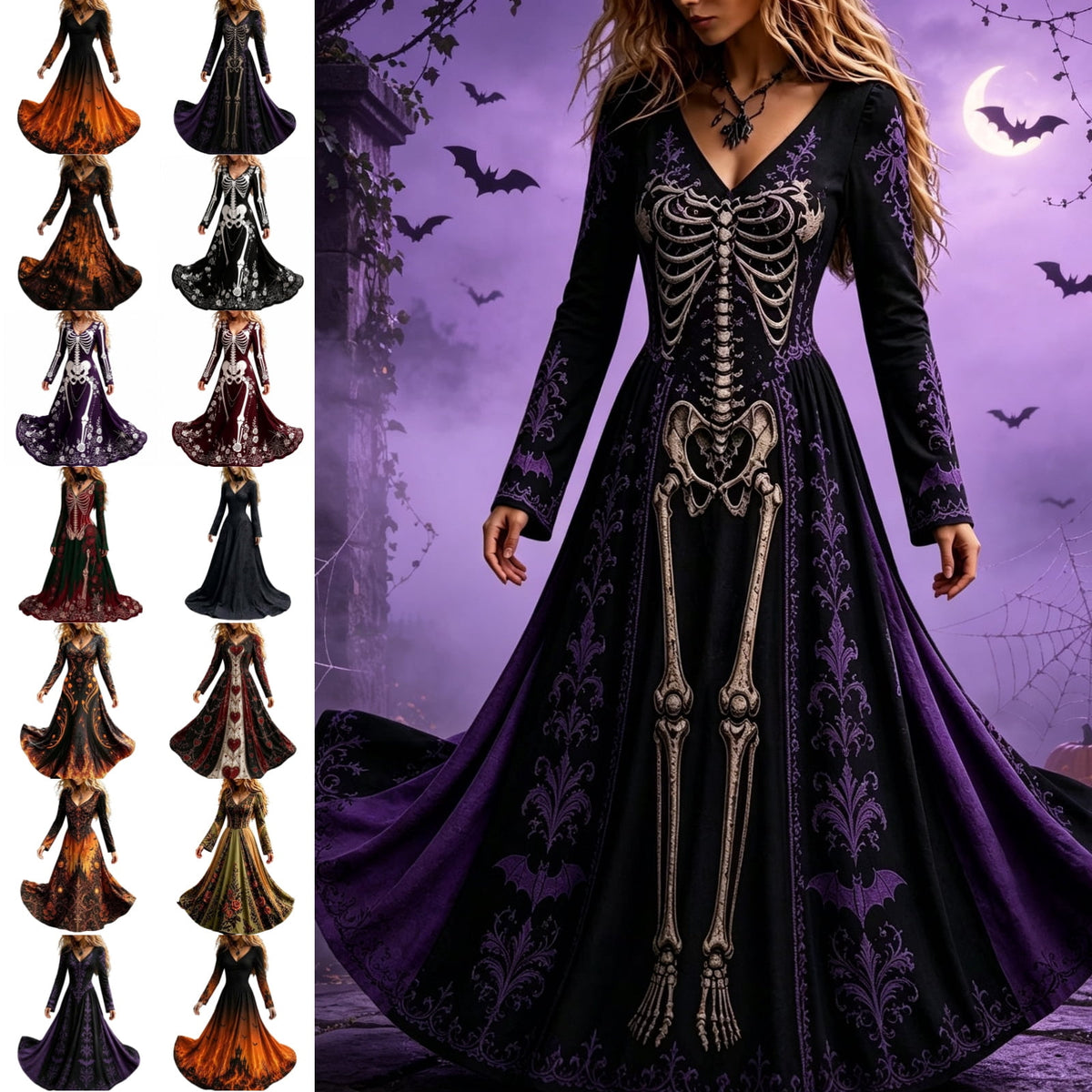 KICILVS Gothic Clothes For Women Black Spiderweb And Spider Print Flowing V Neck Long Maxi Dress Halloween Cosplay Gothic Party Dress