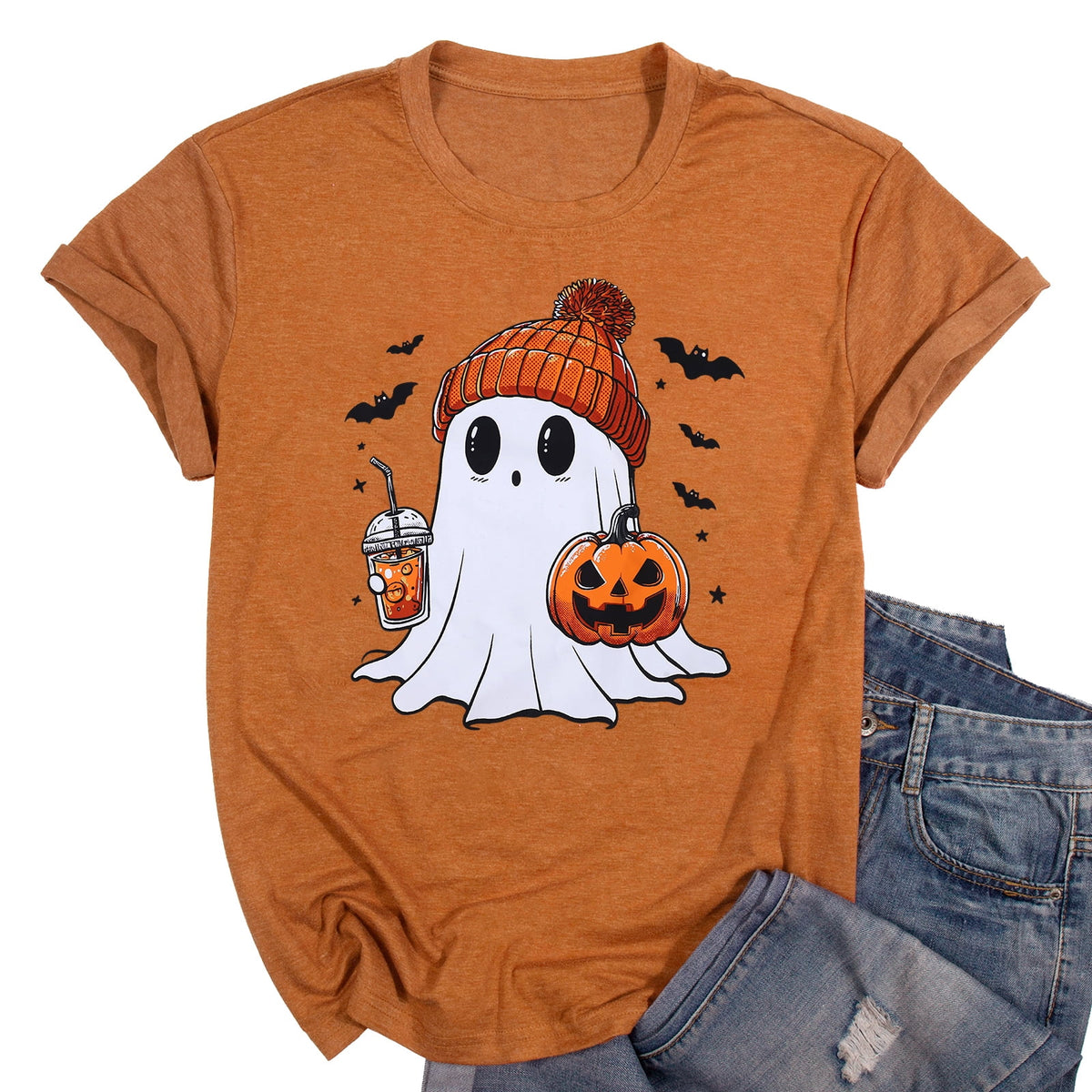 KimSoong Women Halloween T-Shirt Cute Ghost Fall Pumpkin Graphic Shirt Coffee Lover Tees Short Sleeve Tops