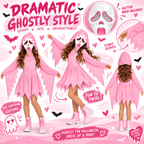 Pink Glitter Ghost Halloween Costume for Girls, Hooded Cosplay Dress with Mask, Spooky Horror Party Outfit