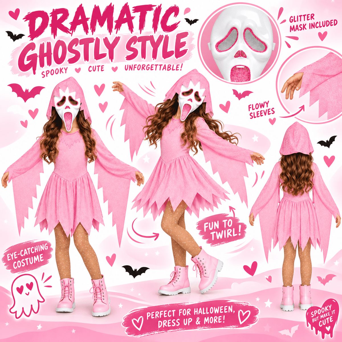 Pink Glitter Ghost Halloween Costume for Girls, Hooded Cosplay Dress with Mask, Spooky Horror Party Outfit
