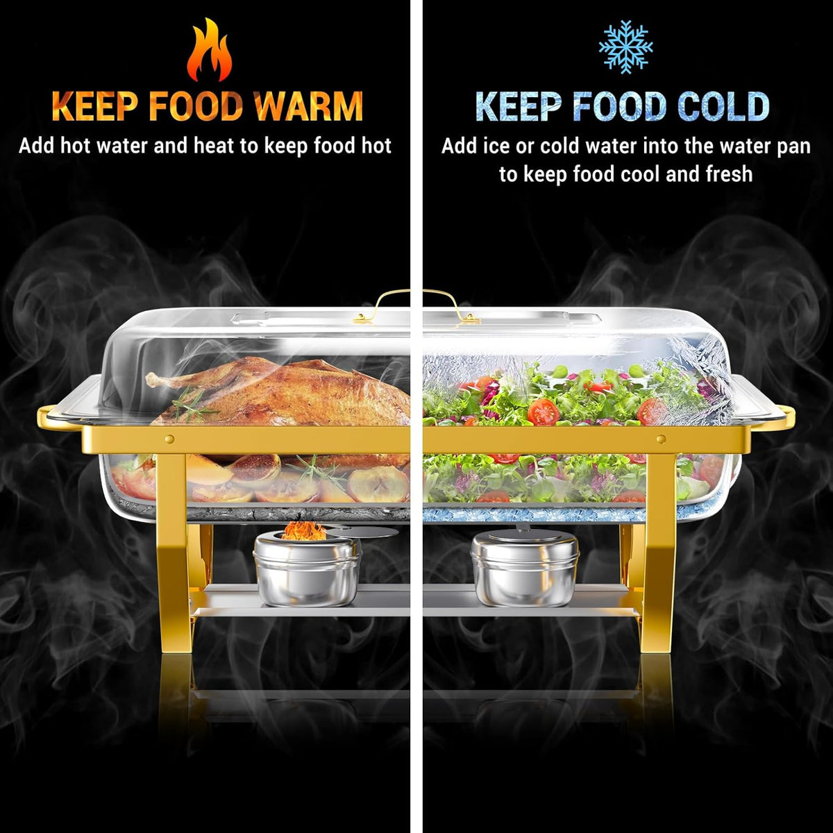 Chafing Dish Buffet Set, 8 Qt, 4 Pack, Full Size Pan, Half Gold