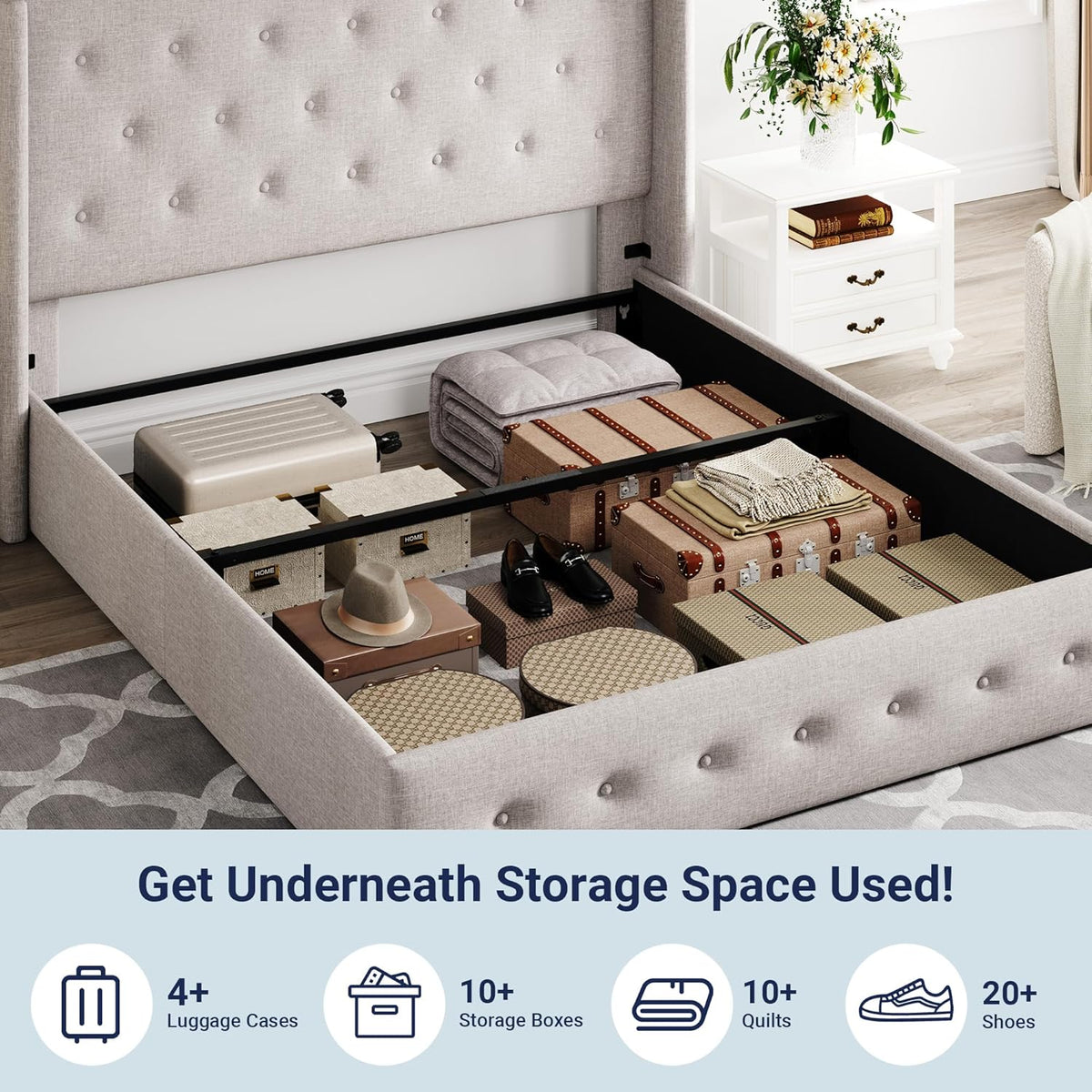 Allewie Queen Lift Up Storage Bed Frame With Wingback Headboard, Light Beige - 80.7 x 60.6 x 44.5 in