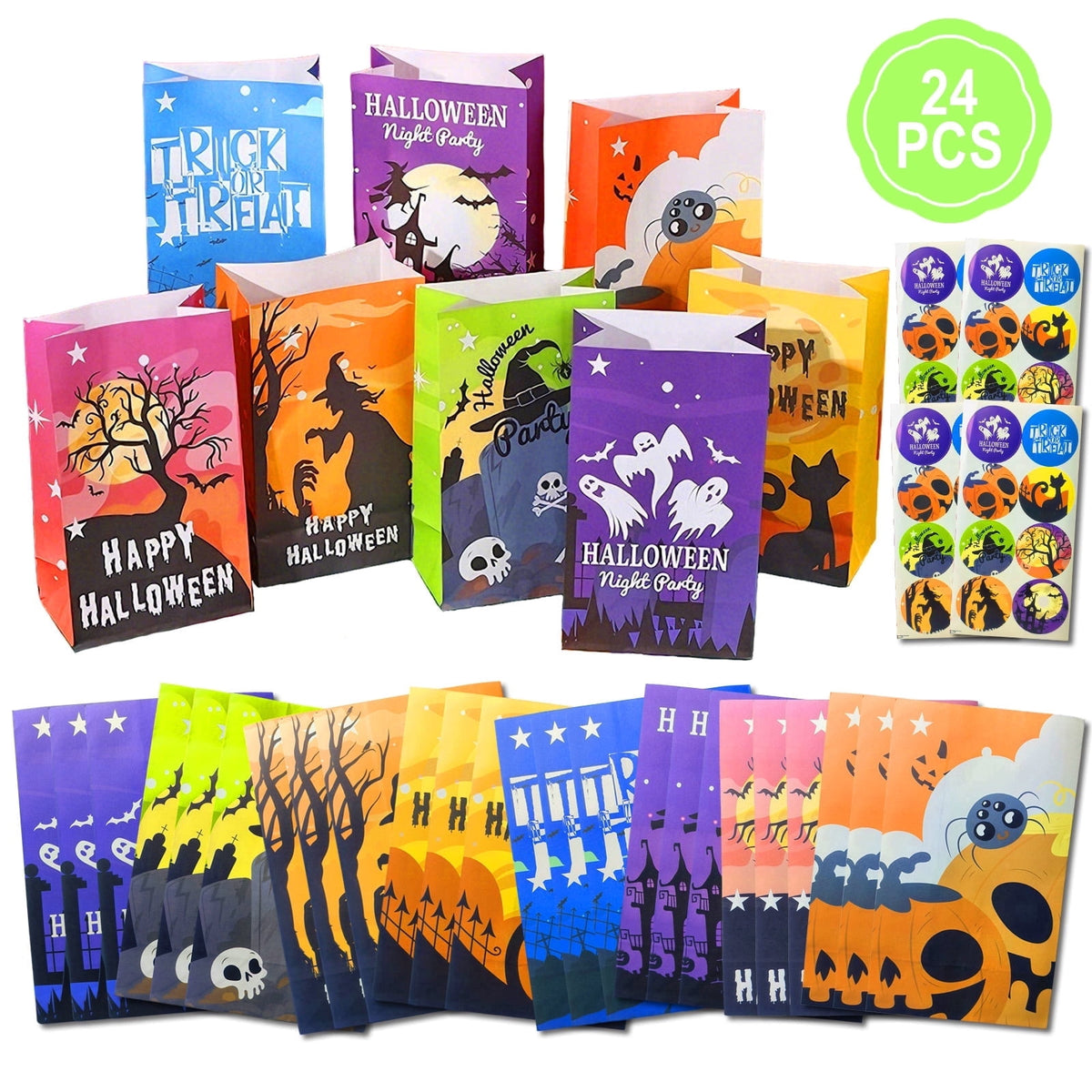 AGCAN 40 Pcs Halloween Treat Bags, Paper Goodie Bag with 48 Stickers, 10 Design, Party Favor Bags for Gifts, Halloween, Party