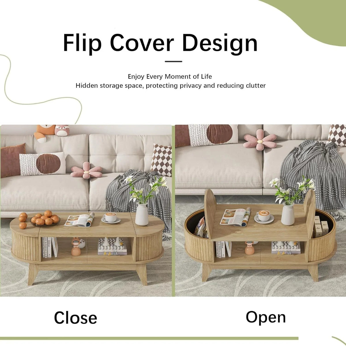Fluted Oval Coffee Table With Storage, 46.45 x 19.68 x 15.94 in